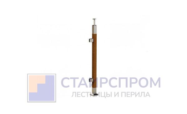 Готовая стойка 40х40х950 мм, деревянная, со вставками из нержавеющей стали 2х100 мм с 2 зажимными стеклодержателями (Правая)