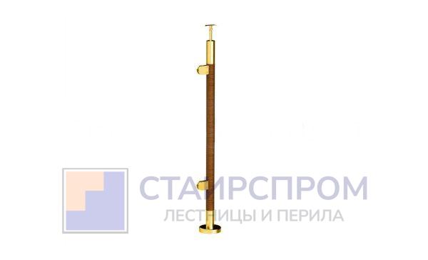 Готовая стойка Ø38,1х950 мм деревянная, со вставками из нержавеющей стали под золото 2х100 мм с 2 стеклодержателями (Правая)