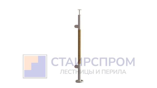 Готовая стойка Ø38,1х950 мм деревянная, со вставками из нержавеющей стали 2х100 мм с 2 стеклодержателями (Правая)