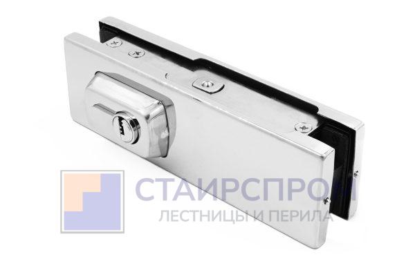 Замок для стеклянной двери угловой с круглым ригелем комплект, полированный