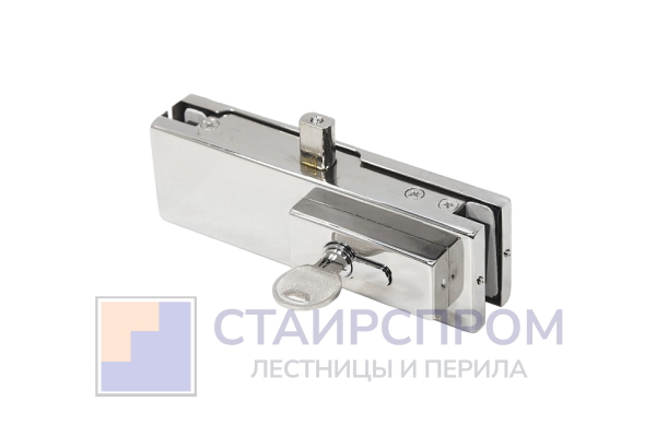 Замок для стеклянной двери угловой с круглым ригелем комплект, шлифованный