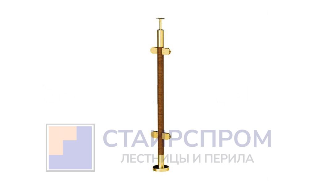 Готовая стойка Ø38,1х950 мм деревянная, со вставками из нержавеющей стали под золото 2х100 мм с 4 стеклодержателями - Stairsprom b01fb0f2 efd7 48fb 8fa1 a0a2529cfd5f