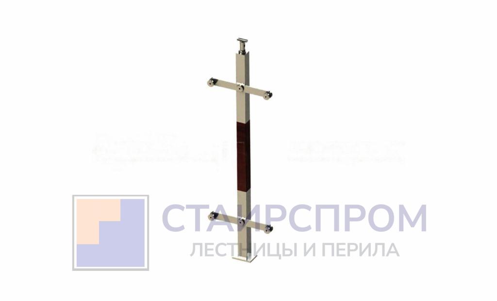 Стойка эксклюзивная квадратная с деревянной вставкой и двумя спайдерными стеклодержателями, крепление в пол, регулируемый ложемент (AISI 304) - Stairsprom b03f1997 a885 477b 9c57 d711d294a241