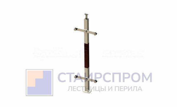 Стойка эксклюзивная квадратная с деревянной вставкой и двумя спайдерными стеклодержателями, крепление в пол, регулируемый ложемент (AISI 304)