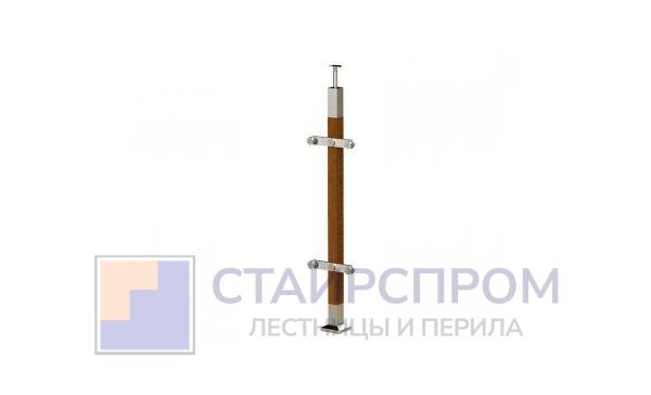 Готовая стойка 40х40х950 мм, деревянная, со вставками из нержавеющей стали 2х100 мм с 2 пластинчатыми стеклодержателями