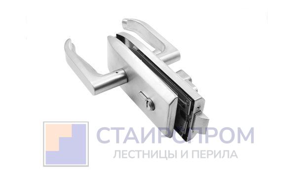 Замок для стеклянной двери с нажимной ручкой и притвором, евроцилиндр односторонний ключ/защелка, с ответной частью на стену, шлифованный