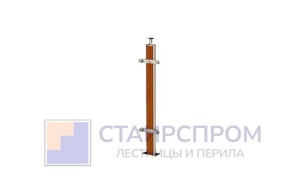 Дизайнерская плоская комбинированная стойка в сборе из шлифованной нержавеющей стали и древесины дуба с двумя пластинчатыми стеклодержателями