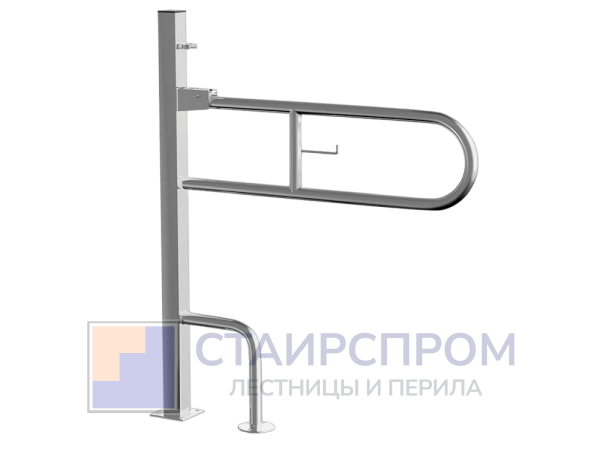Поручень двойной откидной с опорой в пол с бумагодержателем, Ø32 мм, AISI 304, GRIT 600